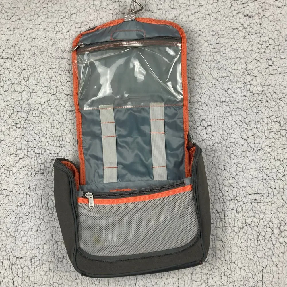Lewis N Clark Toiletry Bag Gray Orange Trim Handle Travel Hang Mesh Pocket 9x9